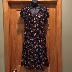 LOFT Ann Taylor Black Floral Printed V-Neck Dress